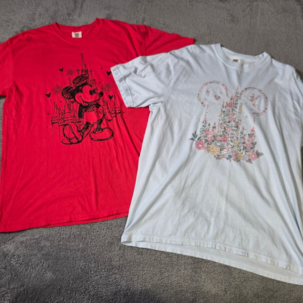 Comfort Colors Adult XL T-Shirt Bundle Red Blue Disney Mickey Floral Castle 2pk